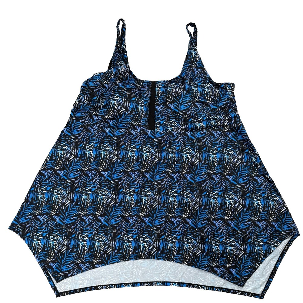 Swimsuit for All Tankini Swim Top Plus Women 36 Black Blue Tropical Palm Print